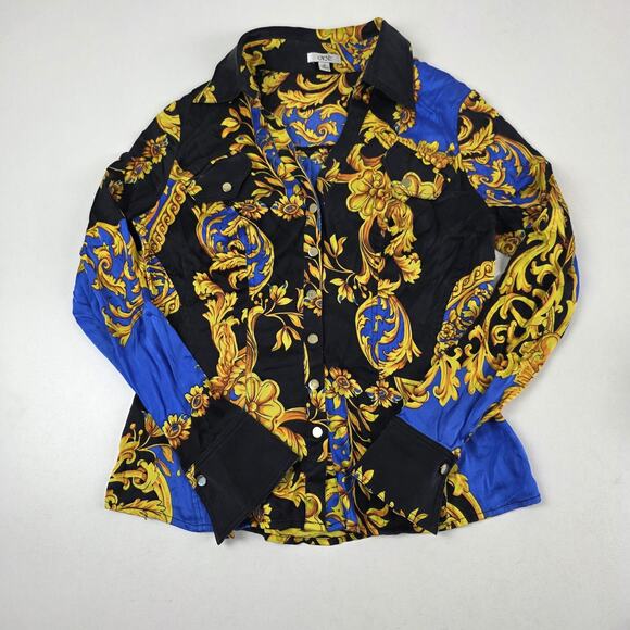 Cache Shirt Womens Medium Black Blue Gold Baroque Silk Stretch Snap Front Fitted - Picture 1 of 12